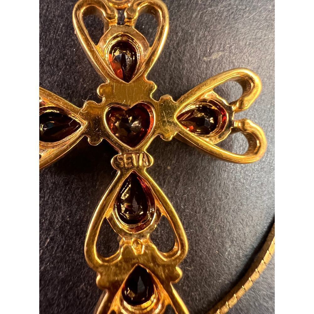 Vintage SETA Garnet Cross Pendant Necklace Gold Tone 24” - Picture 5 of 13